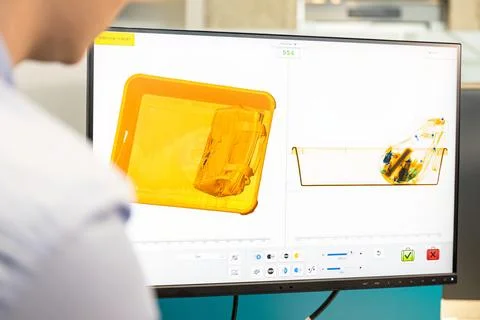 Airport security baggage screening. Security man looking at monitor scanning Stock Photos
