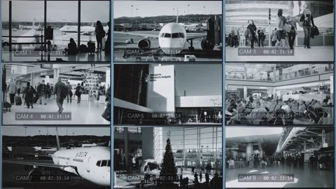 Airport Security Cameras CCTV Multiscreen Monitors Stock-Footage 149263912