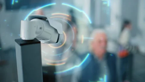 Airport Security: CCTV Camera with 3D Visual Effects of Advanced AI Scanning of Video stock 305645187