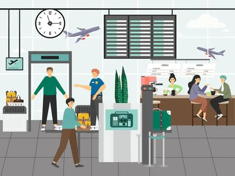 Airport security control and customs concept vector illustration. Security staff 库存插图