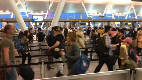Airport security line moving quickly Stock Footage