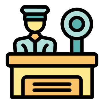 Airport security officer checking documents at passport control desk Stock Illustration