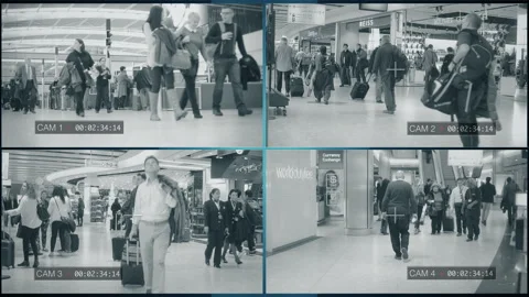 Airport Security System CCTV People Surveillance Monitors Stock Footage 150936158
