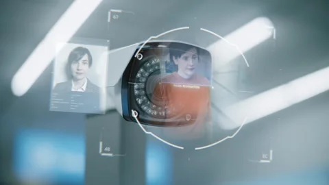 Airport Security System: Close Up of CCTV Camera with Biometric Facial Stock-Footage 305644966