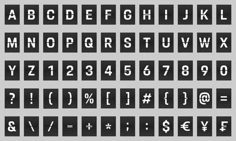 Airport split-flap display board panel font, white font on dark background .. Illustrazione stock