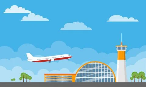 Airport terminal building with control tower and airplane taking off Ilustración de archivo