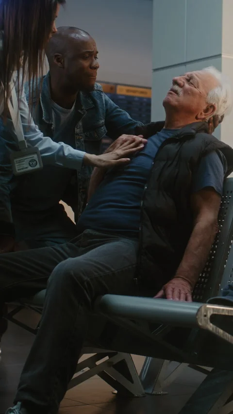 Airport Terminal: Elderly Man Having Heart Attack. Airport Worker Calling for Stock Footage 309106408