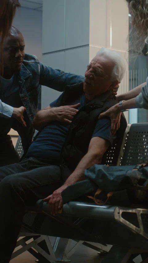 Airport Terminal: Elderly Man Having Heart Attack, Infarction. Airport Worker Stock Footage 309110139