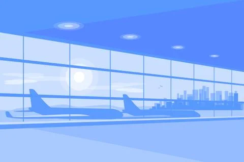 Airport terminal gate waiting hall interior with airplane and city skyline Stock Illustration