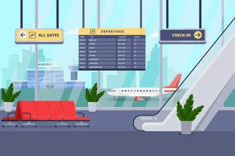 Airport terminal interior, vector flat illustration. Lounge, departure hall w Illustrazione stock