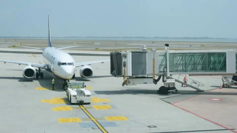 Airport terminal workers loading Ryanair Airplane before departure,transport Stock Footage 201426024