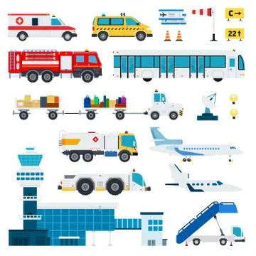 Airport transportation vector flat material design set. Fire engine, ambulance Stock Illustration