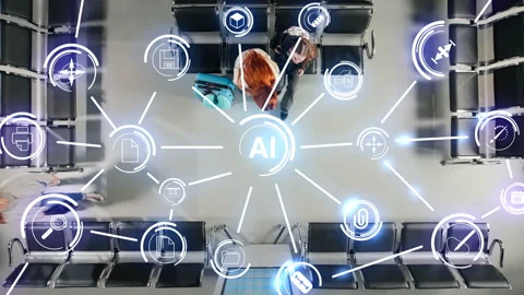 Airport using AI machine learning to analyze passenger movement patterns, VFX Stock Footage 334936182