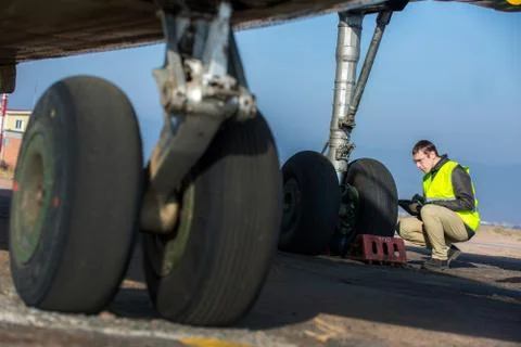 Airport worker checking chassis Stock Photos