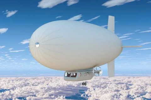 Airship or dirigible balloon in the blue sky above the clouds. 3D rendering イラスト素材