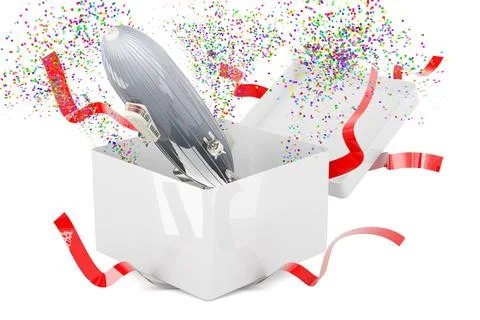 Airship or dirigible balloon inside gift box, 3D rendering Stock Illustration
