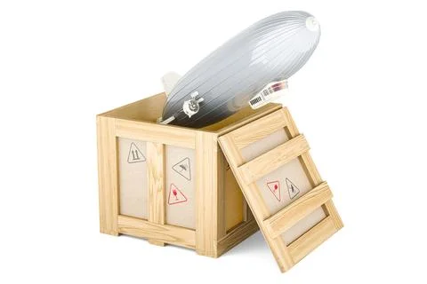 Airship or dirigible balloon inside wooden box, delivery concept. 3D renderin Stock Illustration