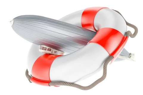 Airship or dirigible balloon inside lifebelt, 3D rendering Stock Illustration