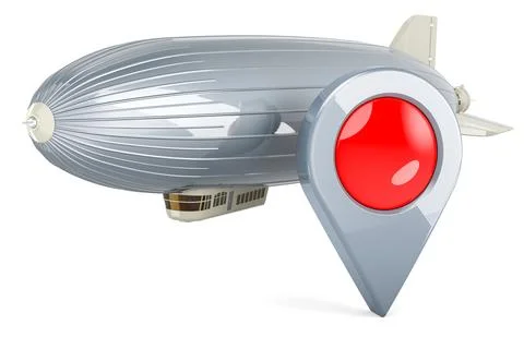 Airship or dirigible balloon with map pointer, 3D rendering Illustrazione stock