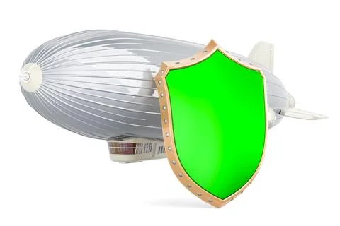 Airship or dirigible balloon with shield, 3D rendering Stock Illustration