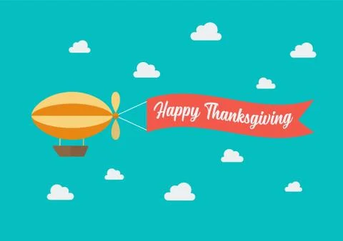 Airship pulls the banner with word Happy Thanksgiving on it Stock Illustration