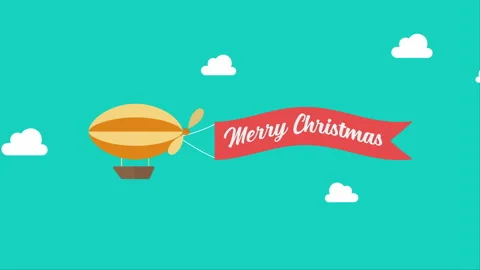Airship pulls the banner with word MERRY CHRISTMAS on it Stock Footage 253477880