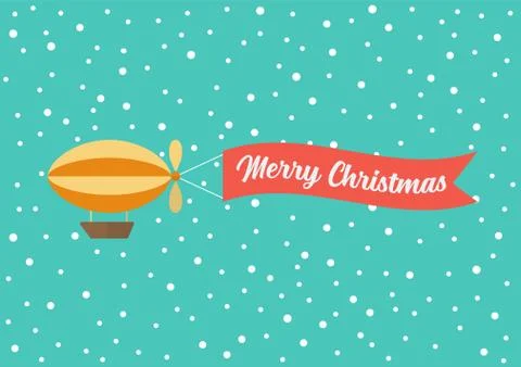 Airship pulls the banner with word MERRY CHRISTMAS on it Stock Illustration