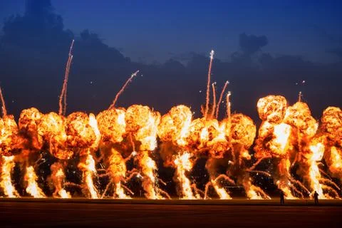 Airshow demonstrations with high explosive fire blasts Stock Photos