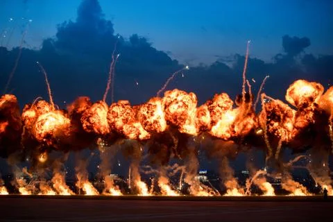 Airshow demonstrations with high explosive fire blasts Stock Photos