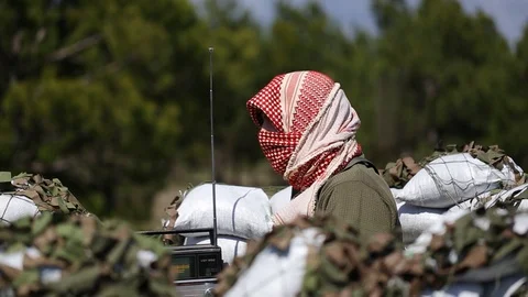 Airsoft. Radar base in forest. Afghan soldier selects a radio wave. Stock Footage 127920218