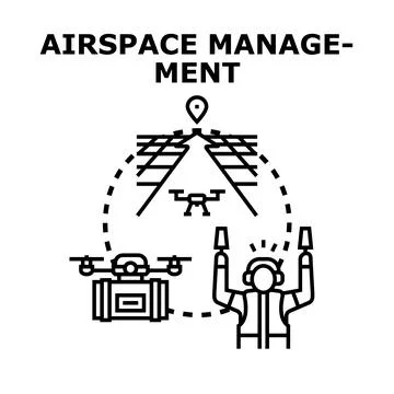 Airspace management concept with drones and control tower personnel Stock Illustration