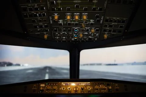 Airstrip view from airplane windshield Stock Photos