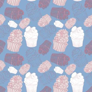 Airy seamless pattern of blue color from linear illustration of pink cupcakes Stock Illustration