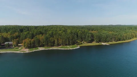 Airy view of green forest, river in summer sunny day.. 4k Stock Footage 90224936