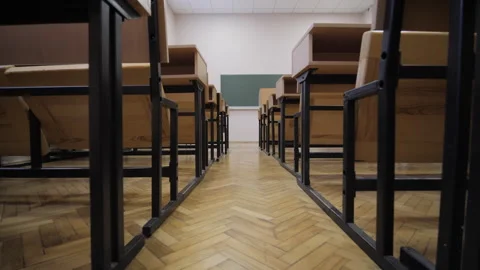 The Aisle Between Two Rows Of Desks In Conference Hall, Lecture Room Stock Footage 316152423