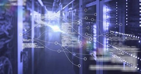 Aisle of server racks showing blinking LEDs and network cables in data center, Stock Photos