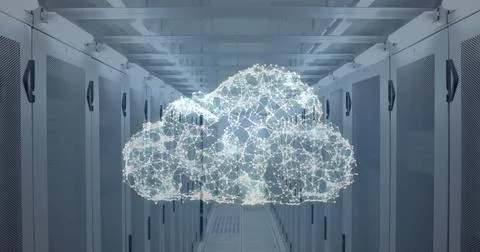 Aisle view of data server room with a cloud network graphic that appeared and Stock Photos