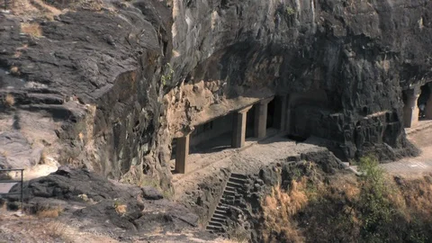 Ajanta caves, India. High angle view to the entrance of a temple. Video stock 117343055