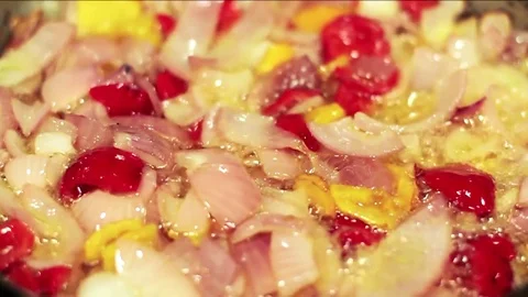 Aji (Chilli) Sauce - Peruvian chilli sauce preparation. Onion, garlic, rocoto, Stock Footage 73430095