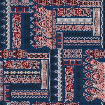 Ajrakh Jaipuri Ethnic patchwork pattern on blue background Stockillustratie