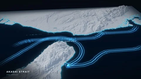 Akashi Strait 3D White Terrain Relief Map With Glowing Shipping Route Stockbeeldmateriaal 343539848