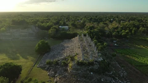 Ake Mayan Pyramids Drone View of Palace with Columns, Yucatan, Mexico 2K  Stock Footage 154665184
