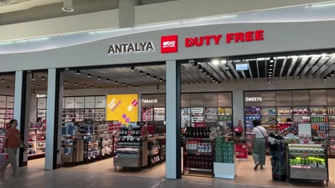 Aksu, Turkey - September 10, 2026: Antalya Duty Free airport shop entrance with Stock Footage 346755100