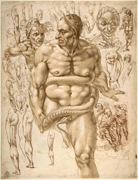 Aktiver Dämon, von einer Schlange umringt, nach Michelangelos Jüngstem Ger. Stock Photos