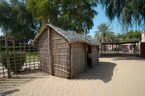 Al Arish palm leaf hut at Heritable Village Abu Dhabi Stock Photos