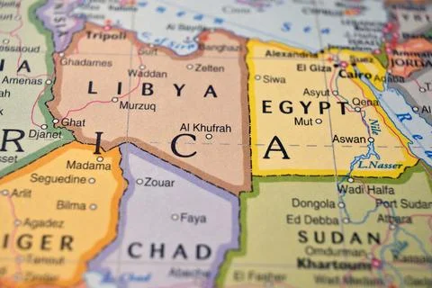 Al Kufrah Libya on World Map Close Up Macro Defocused Background Geographic.. Foto stock