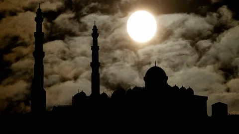 Al Mina Mosque By Night with Dark Atmosphere, Fog, Smoke, and Full Moon, Egypt Stock Footage 202011801