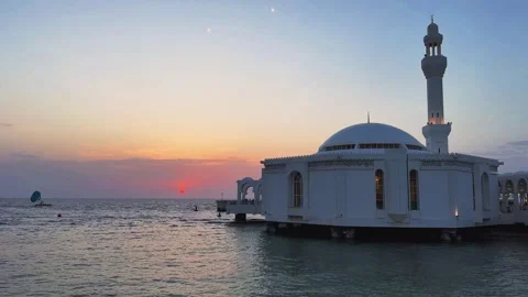 Al Rahma Floating Mosque in Jeddah at sunset over Red Sea, Saudi Arabia Stock Footage 342207881