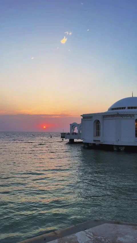 Al Rahma Floating Mosque in Jeddah at sunset over Red Sea, Saudi Arabia Stock Footage 343696670