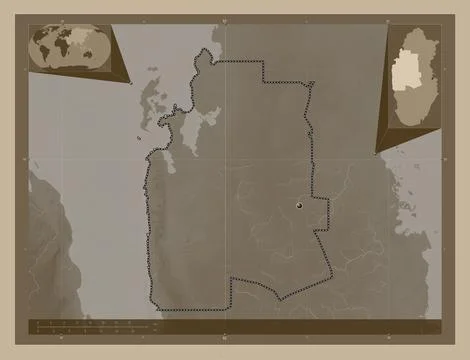 Al Shahaniya, Qatar. Elevation map colored in sepia tones with lakes and rive イラスト素材